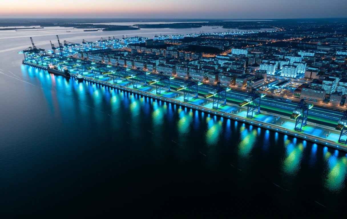 Global trade hub at night